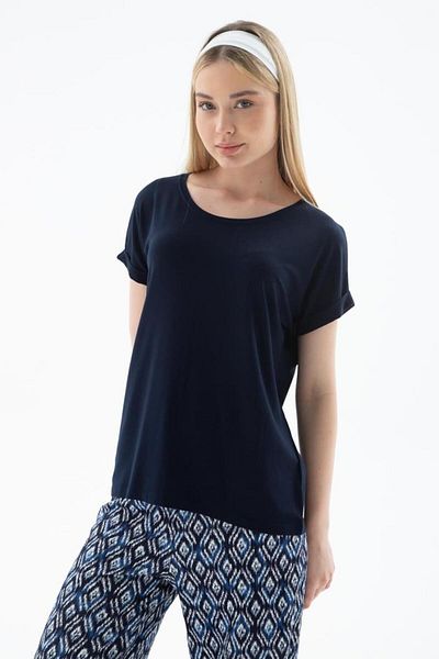 Fashion Friends Μπλούζα με λαιμόκοψη από βισκόζη Navy Blue