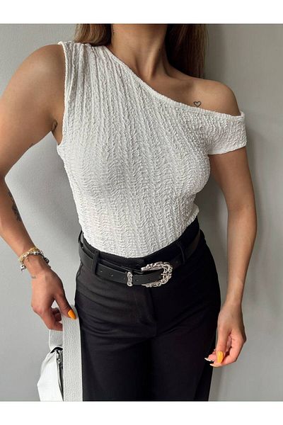 Butik Beyza Bürümcük Gofre Εξαιρετικά εύκαμπτο ύφασμα μονό ώμο χαμηλή μπλούζα