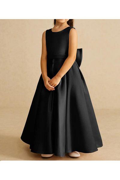 MadyaButik Girls Kids A-Line Pleated Plain Satin Long Dress Graduation Birthday Prom Dress