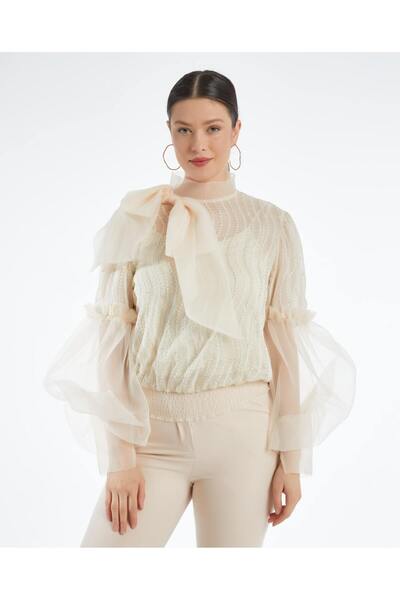 SERPİL Desenli Transparan Kadın Bluz - Fiyonk Detaylı - Balon Kollu - Modern ...