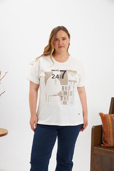 RMG Plus Size Printed T-Shirt Ecru