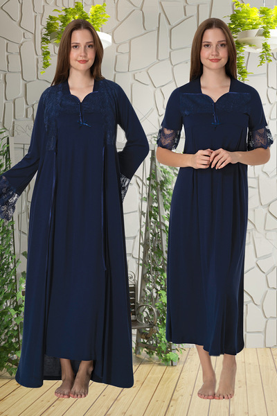 lohusahamile Lacivert Dantel Sabahlıklı Lohusa Gecelik Takımı Effortt 9015