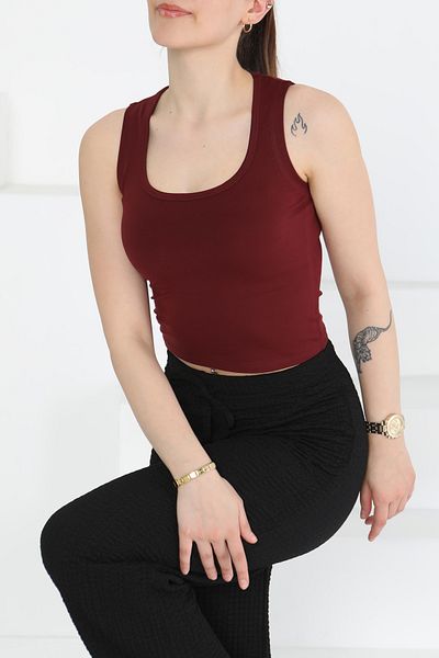 TOFİSA Cupral Oval Neck Crop Tank Top Claret Red - 27278