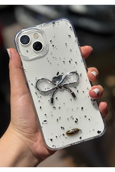 Caseji İphone 13 / 14 Uyumlu Kabartma Fİyonk Epoksili Gümüş Varak Parçacıklı ...
