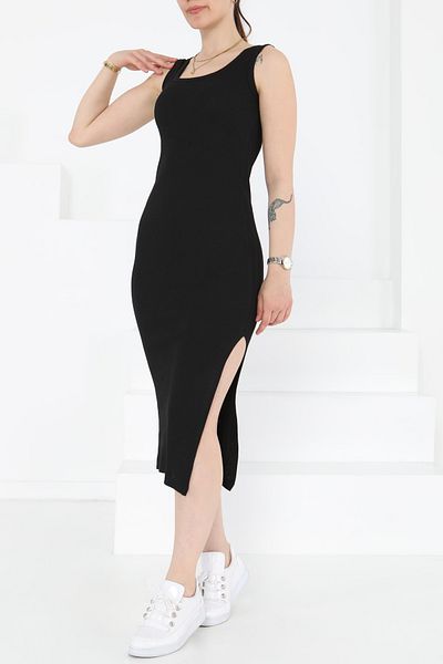 TOFİSA Square Neck Slit Midi Dress Black - 27230