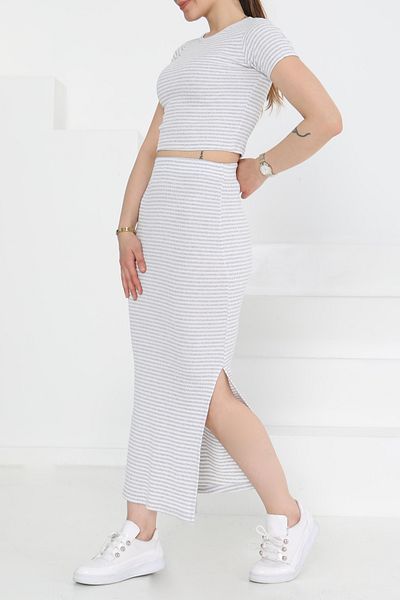 TOFİSA Short Sleeve Striped Double Suit Gray - 27232