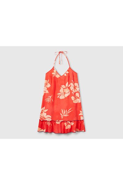 United Colors of Benetton Women's Orange 100% Viscose Patterned Halter Neck Pleated V-Neck Dress