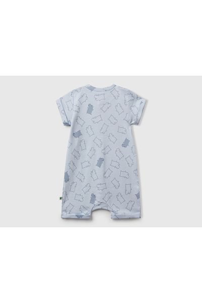 United Colors of Benetton Baby Dust Blue Patterned Short Sleeve Jumpsuit with Snap Fasteners on the Front