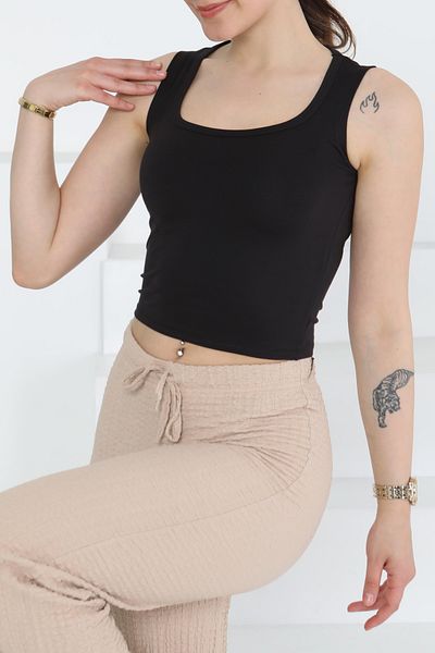 TOFİSA Cupral Oval Neck Crop Tank Top Black - 27278