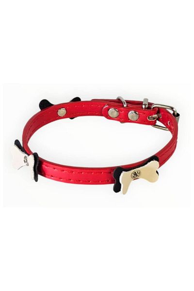 OEM Dog Collar for Small Dogs, Leather, Black with Bow Design and Crystals, 29 cm, Red/Black/Cream