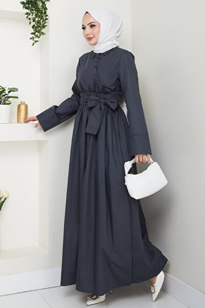 InStyle Asimetrik Düğme Detaylı Antrasit Elbise