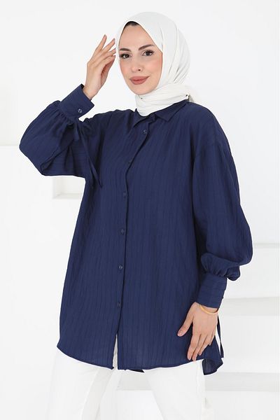 TOFİSA Tunic with Lace-Up Sleeves Navy Blue - 27001