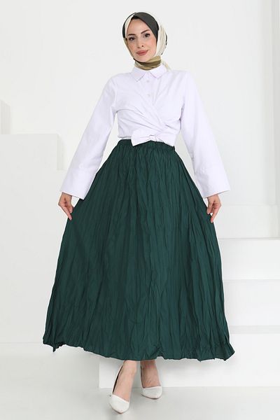 TOFİSA Elastic Waist Wrinkled Skirt Emerald - 27013