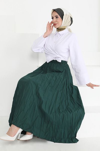 TOFİSA Elastic Waist Wrinkled Skirt Emerald - 27013