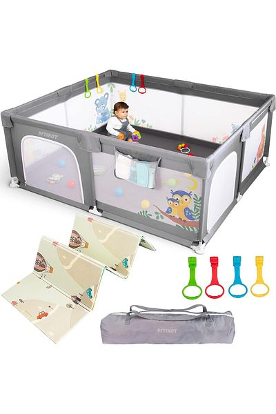 Pitikot Tarc de joaca Pitikot® cu salteluta pliabila 180x150 cm, plasa protectie, inele sustinere, gri