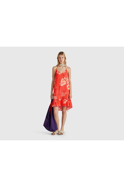 United Colors of Benetton Women's Orange 100% Viscose Patterned Halter Neck Pleated V-Neck Dress