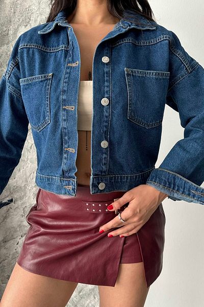 TOFİSA Double Pocket Demin Crop Jacket Dark Blue - 27271