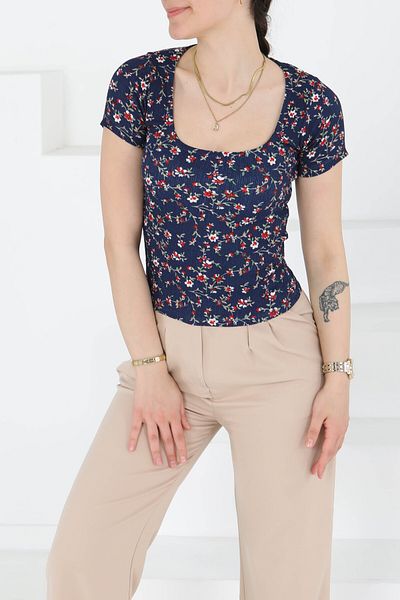 TOFİSA Oval Neck Floral Patterned Blouse Navy Blue - 27279