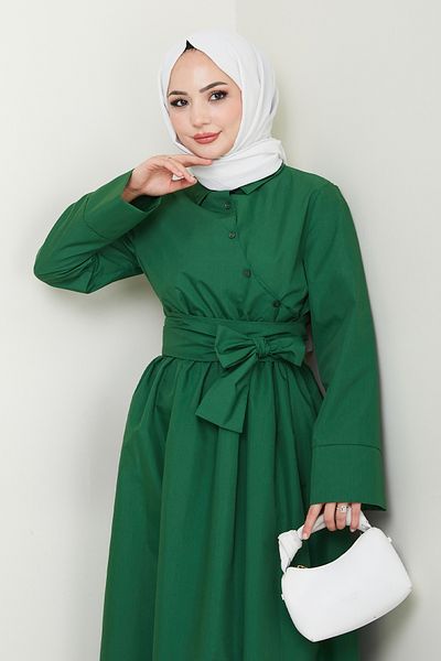 InStyle Asymmetrical Button Detailed Emerald Green Dress