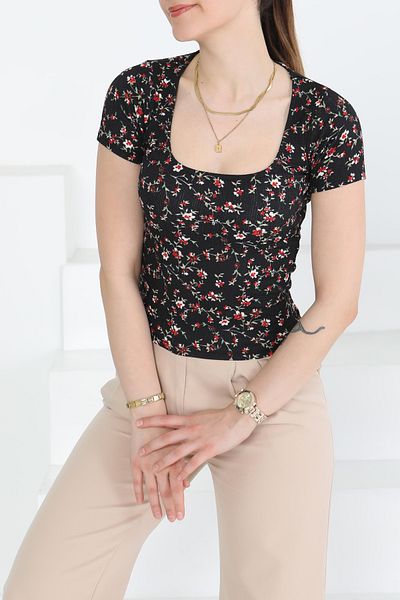 TOFİSA Oval Neck Floral Patterned Blouse Black - 27279