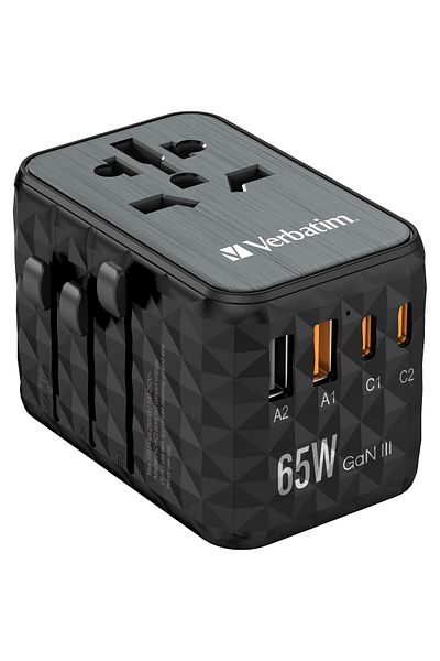 Verbatim Verbatim 32120 GaN III UTA-05 65W Universal Travel Adapter, 2 x USB-C PD, QC 4+, 2 x USB-A, Black