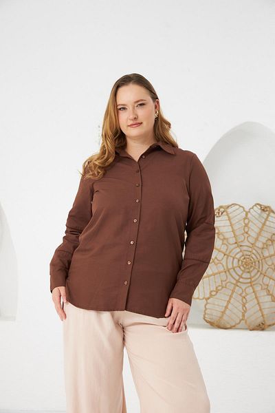 RMG Large Size Shirt with Crochet Sleeve Detail Brown