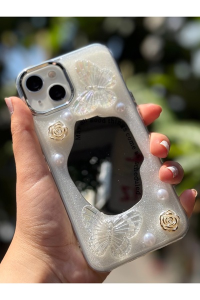Caseji İphone 13 /14 Uyumlu AYNALI Kelebekli Güllü Boncuklu Simli Epoksi Kame...