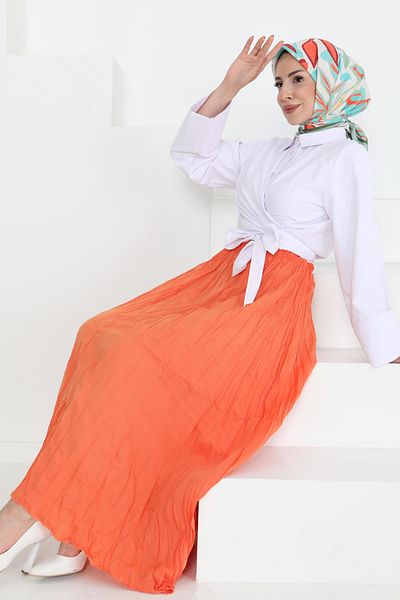 TOFİSA Elastic Waist Crinkle Skirt Orange - 27013