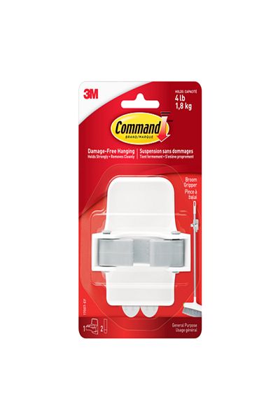 3M Command Self-Adhesive Damage-Free Elegant Durable Plastic Broom Gripper with 2 Strips White