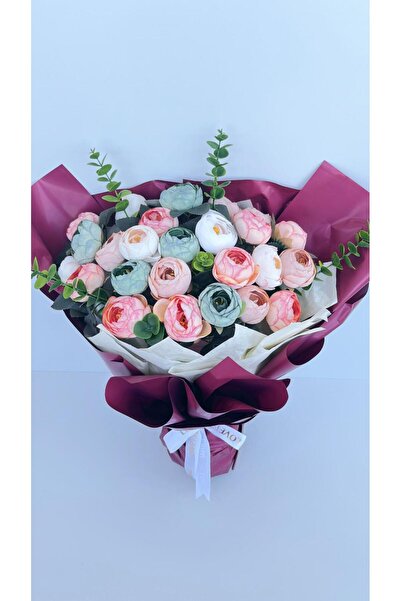 Pastel Şakayık Yapay Çiçek Buketi Bordo Ambalajlı Şık Tasarım (PEONY PEM)
