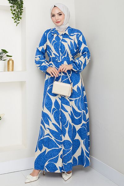 InStyle Rochie din viscoză albastră cu model de buline frunze