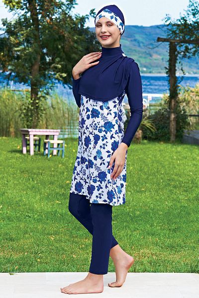 Ruko Maio 2401-1 Navy Blue Pocket Model Lycra Water Repellent and Quick Drying Fabric Hijab Swimsuit