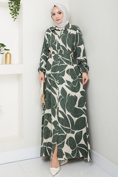 InStyle Leaf Polka Dot Pattern Green Viscose Dress