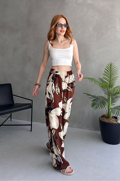 TOFİSA Floral Patterned Loose Trousers Brown - 27237