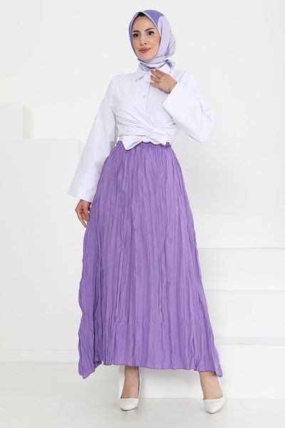 TOFİSA Elastic Waist Crinkle Skirt Lilac - 27013
