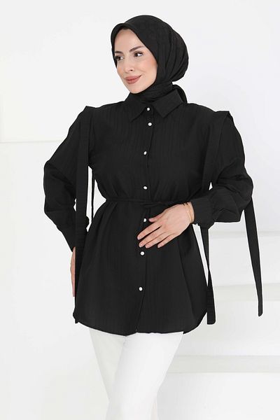 TOFİSA Tunic with Shoulder Tie Detail Black - 27195