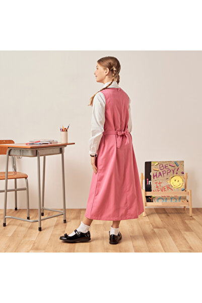 Juniors Solid V-neck Pinafore with Tie-Ups and Pockets