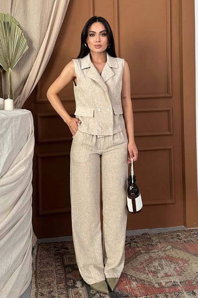 spirituel Women's Bottom Top Set Linen Button and Pocket Detail Double Breasted Collar Vest Wide Leg Pants Set