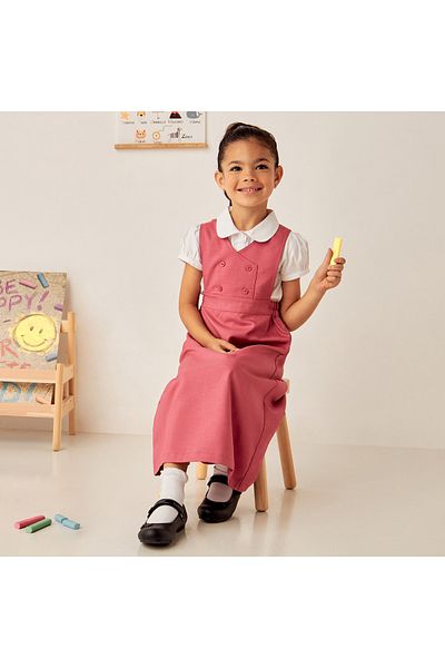 Juniors Solid Pinafore with V-neck and Button Detail