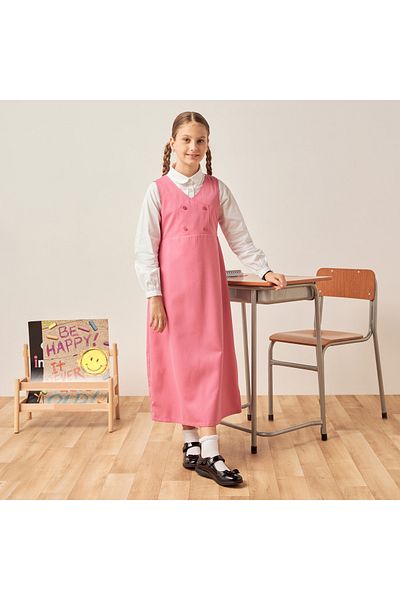 Juniors Solid Pinafore with V-neck and Button Detail