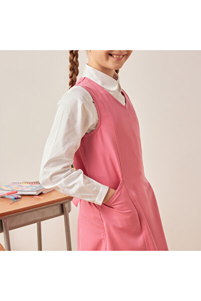 Juniors Solid V-neck Pinafore with Tie-Ups and Pockets