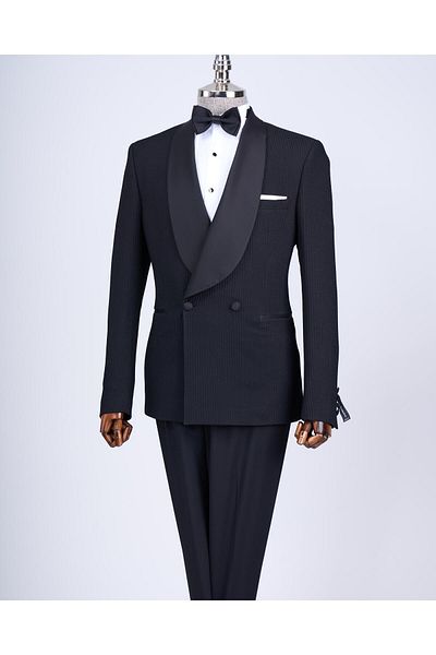TerziAdemAltun Italian Cut Slim Fit Shawl Collar Double Breasted Jacket Pants Groom Suit Set Black T13631