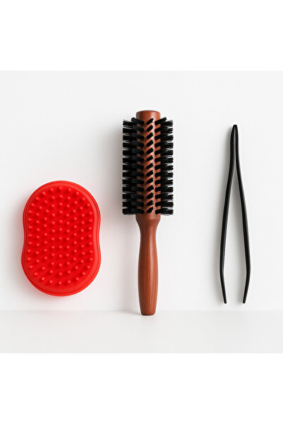 Metler فرشاة شعر بمقبض خشبي 21 سم + ملاقط تاكسون سوداء + مشط سيليكون لغسل وتد...