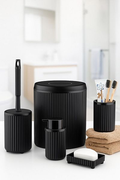 Sas Haus Set de baie negru din seria Lines, 5 bucăți de gunoi acrilic de lux, perie, set de accesorii pentru baie pentru săpun