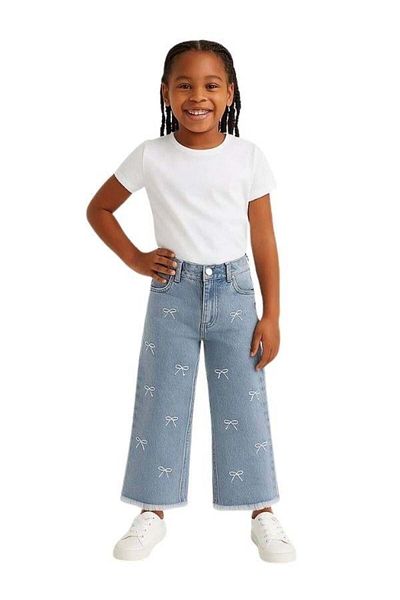 Zekids Girls' Bow Embroidered Denim Trousers