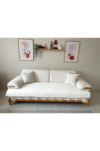 MuHu Home Püsküllü Koltuk Örtüsü Krem[1 Adet 90x210] Yalnızca Oturma Alanına Örtüdür]