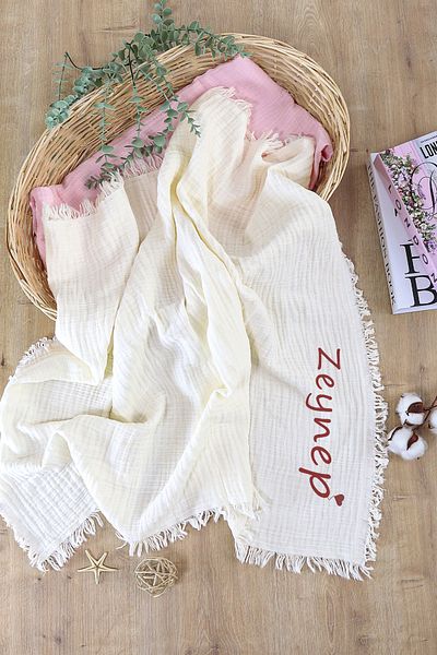 Sitilin Girl Boy Baby Organic Name Printed Cream 4 Layer Tasseled Muslin Swaddle Blanket 110 cm Stl7029