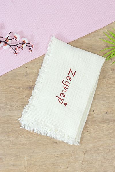 Sitilin Girl Boy Baby Organic Name Printed Cream 4 Layer Tasseled Muslin Swaddle Blanket 110 cm Stl7029