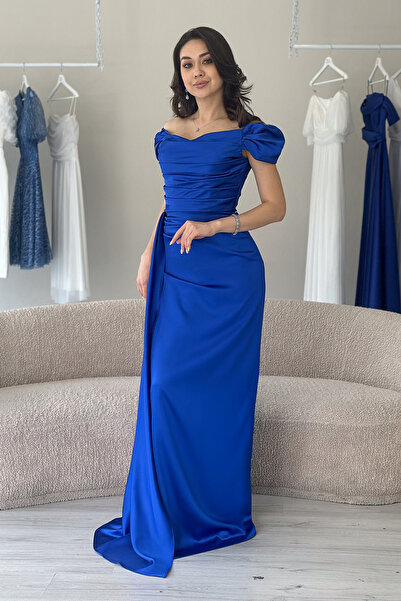 thezkscom Kadın Düşük Omuz Saten Drapeli Yırtmaçlı Abiye Elbise Gümüş, Saks Mavi