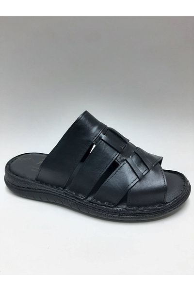 PEKER Genuine Leather Black Daily Open Toe Comfortable Sole Men's Slippers